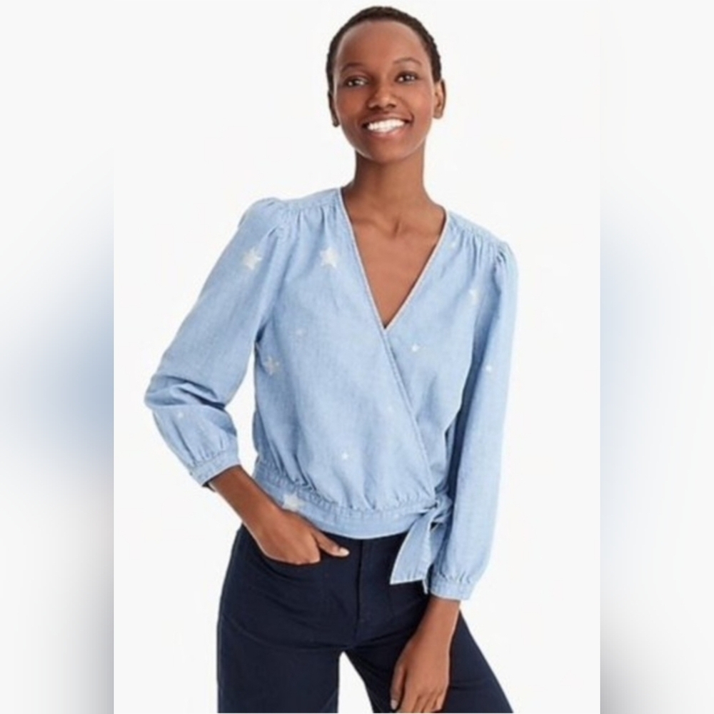 J. Crew Sky Blue Wrap Blouse - Picture 2 of 11